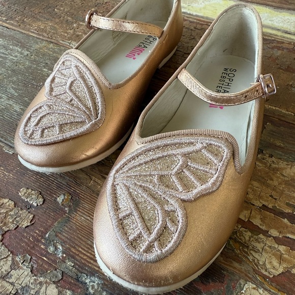 Sophia Webster Mini Rose Gold Embroidered Butterfly Ballet Flat Dress Shoes | 29 - Picture 1 of 10